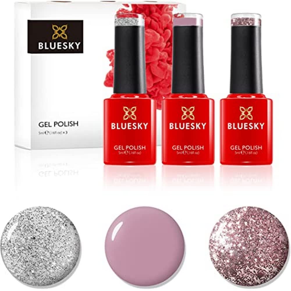 Bluesky Gel Nail Polish Set - Pink Gold S06N, Musk Pink A044, Silver Glitter Explosion 80573, 3 x 5 ml, Silver, Glitter (Requires Curing Under UV or LED Lamp)