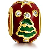Doyafer Red Christmas Tree Charms Beads 925 Sterling Silver Charms Fit Women's Bracelet Bead Pendant Christmas Holiday Gifts for Women