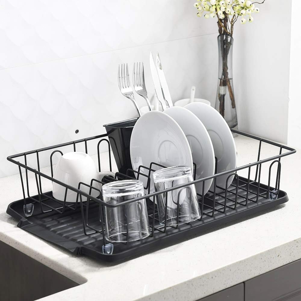 POPILION Sturdy Kitchen Sink Side Dark Black Draining Dish Rack, With Black Cutlery Holder and Drainboard