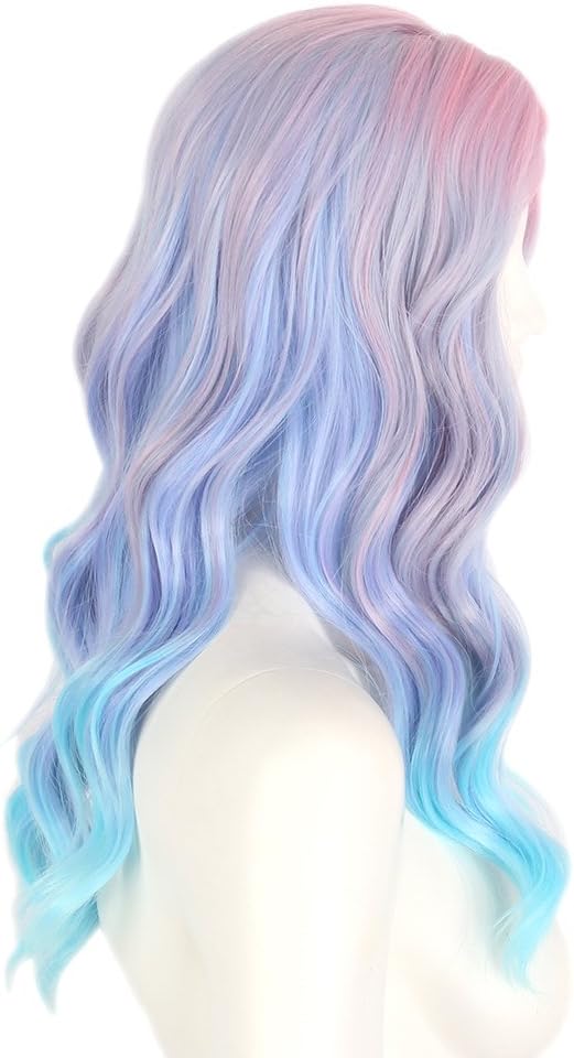 STfantasy Ombre Dirty Pink Women Wigs Long Natural Curly Layered Synthetic Hair for Girls Ladies Female Cosplay Anime Costume Party Carnival (Blue powder gradient)