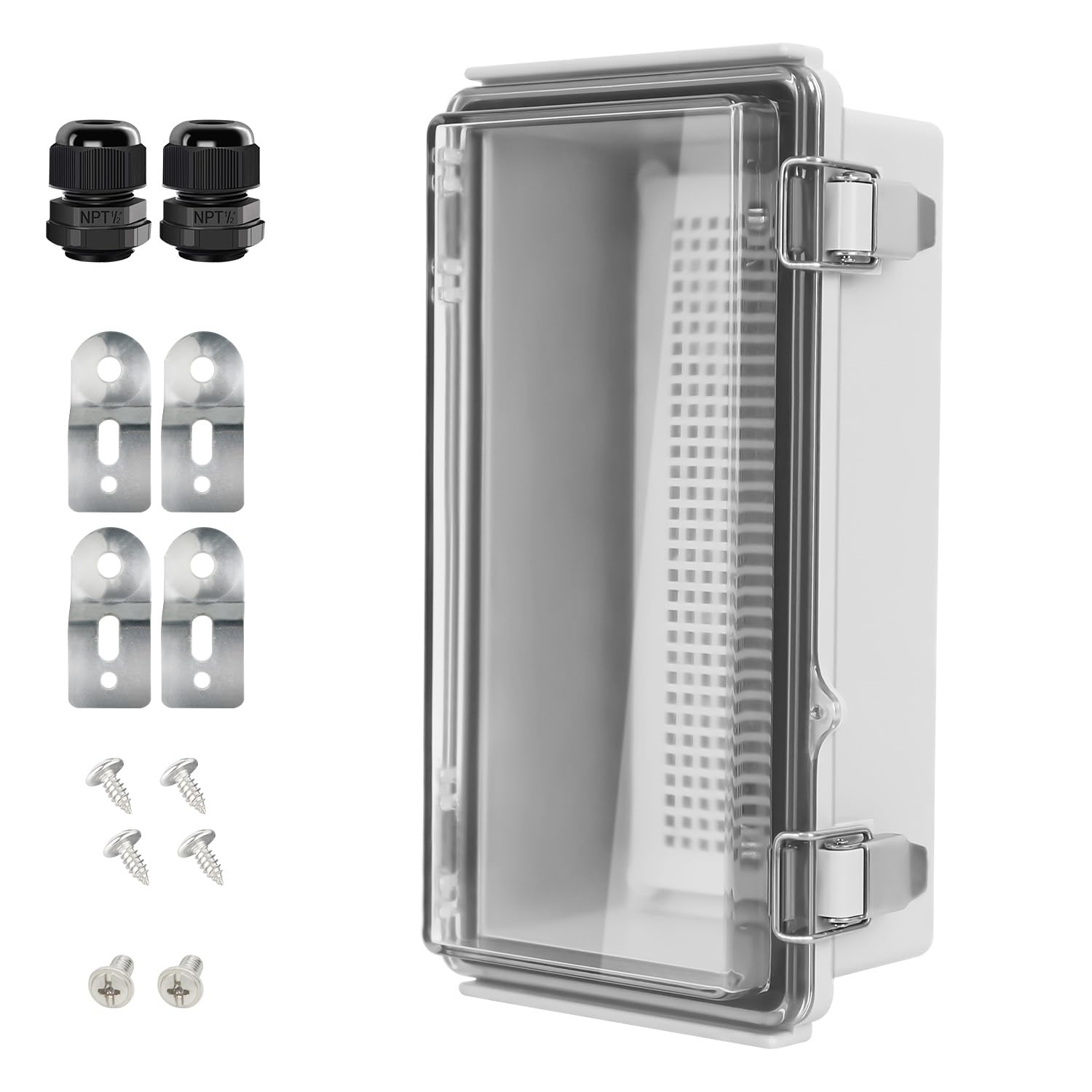 Photo 1 of LeMotech Electrical Box, IP67 Waterproof Hinged Clear Cover Stainless Steel Latch Junction Box, ABS Plastic Electrical Enclosure with Mounting Plate,Wall Brackets, Cable Glands,8.2"x4.2"x2.9",Grey
