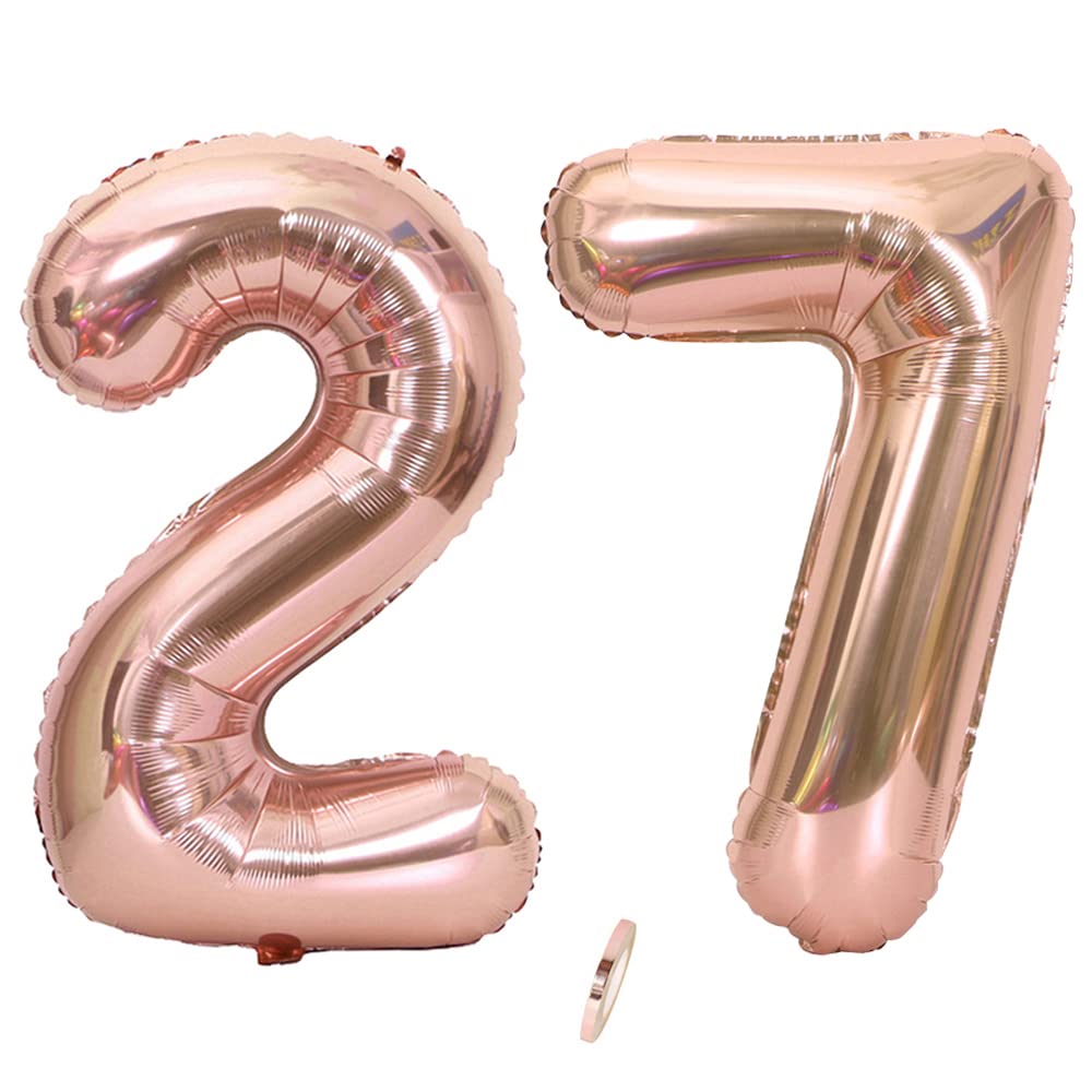 Ceqiny 40 Inch 27th Number Mylar Balloon - Giant Foil Alphabet for Birthday Party, Wedding, Bridal Shower, Engagement Photo Shoot, Anniversary Decoration - Rose Gold Digit 27