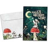 Tree-Free Greetings Magical Wishes Birthday Card - 1 Recycled 5x7 Card & Matching Envelope, Thick Cardstock, Made in USA - Witchy Mushroom Rabbit