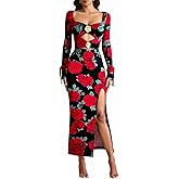 winkbay Women's Floral Print Cut Out Dress High Split Sweetheart Neckline Long Sleeve Party Dresses