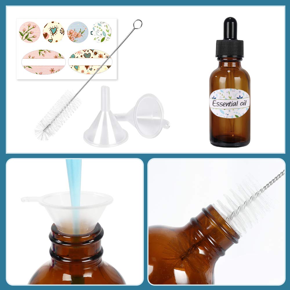 CycleMore 1oz 30ml 12 Pack Amber Glass Boston Bottles with Glass Eye Droppers, Glass Dropper Bottles for Essential Oils & Lab Chemicals & More Liquids (1 Brush, 2 Funnels and 24 Labels Included): Industrial & Scientific