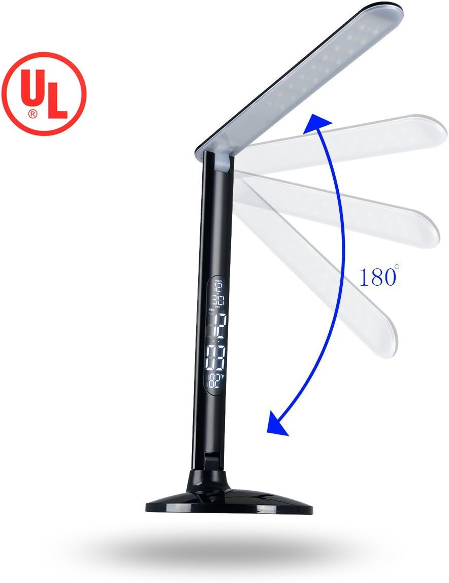 9W Dimmable Eye Protection 5V 2A USB Charging Port LED Desk Lamp, Geega LCD Calendar Alarm Clock Thermometer Modern Foldable Touch Control Adjustable 3 Modes 5 Level Brightness LED Lamp (Piano Black)