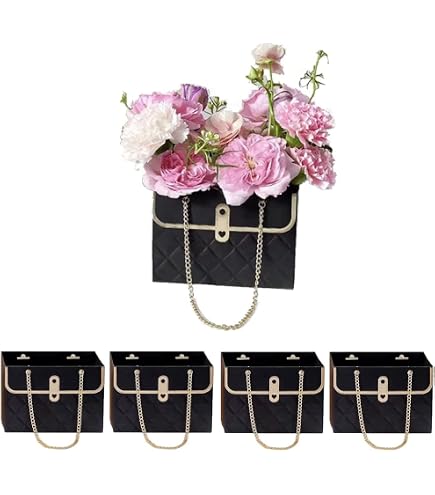 Mdgfge 4 Pcs Paper Flower Bags Bouquet Storage Bucket Florist Handbags With Metal Chain Floral Box Flower Wrapping Basket Boxes For Mother's Day Wedding Birthday Baby Shower Party Supplies