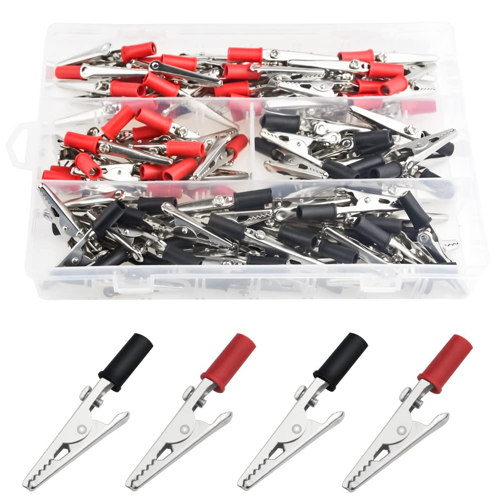 BGTXINGI 100pcs 2 Kinds Metal Alligator Clips Crocodile Clamps Electrical Test Clamps with Black and Red Plastic Handle for Laboratory Electric Testing Work