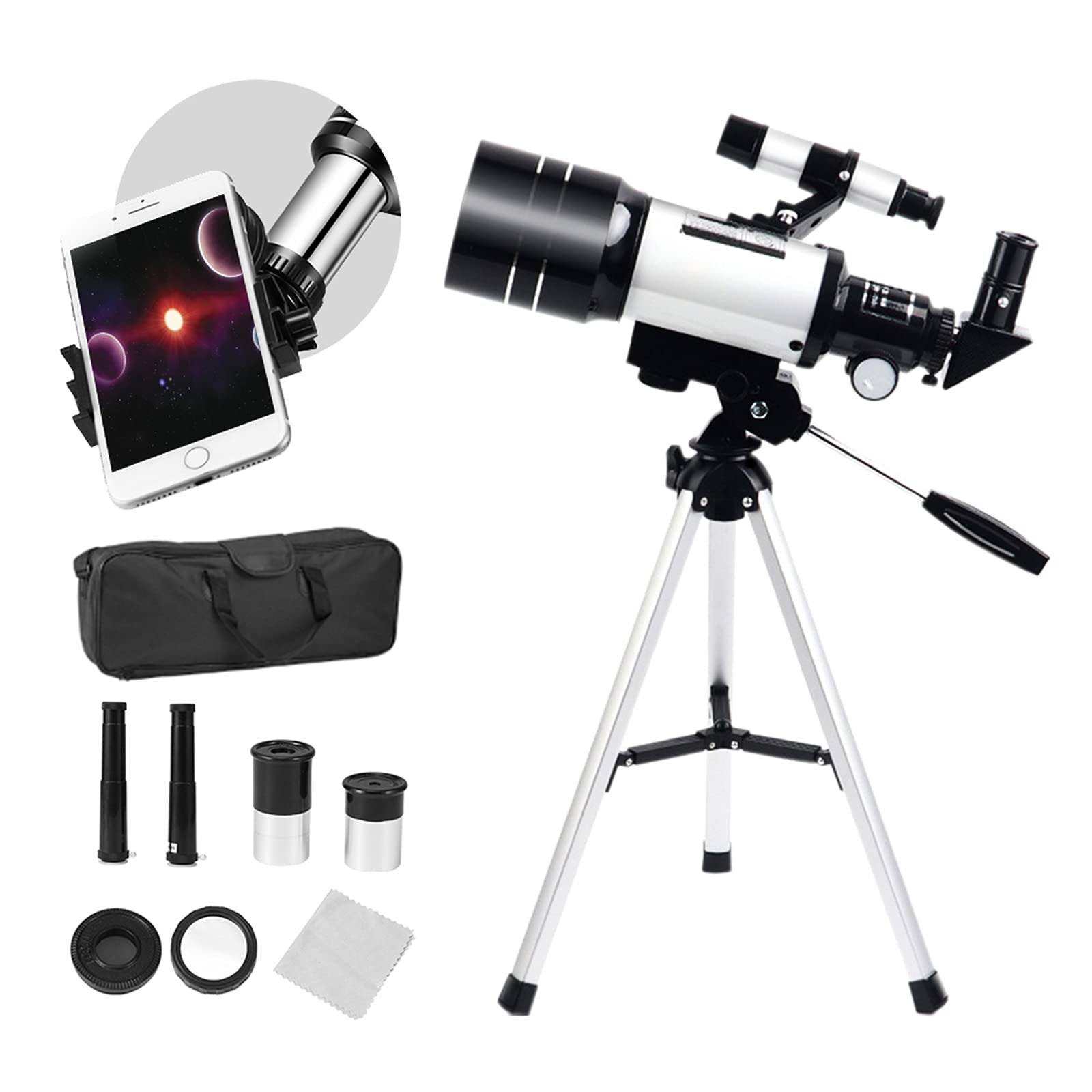 SEAAN Telescope for Beginners 150X-15X, 70mm HD Refractor Telescope for Astronomy Adult, Starter Scope with Tripod, Phone Holder, Finder Scope, Moon Filter, Travel Backpack.