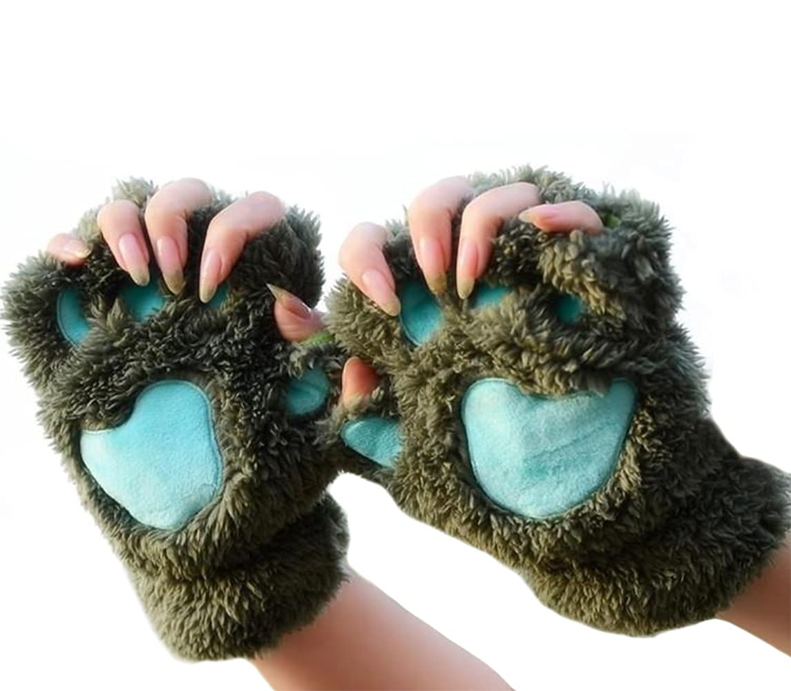 IBLUELOVER Women's Cat Paw Winter Gloves - Plush Warm Cosplay Gloves, Half Finger Cute Bear Claw Thermal Mittens for Halloween Party Fancy Dress