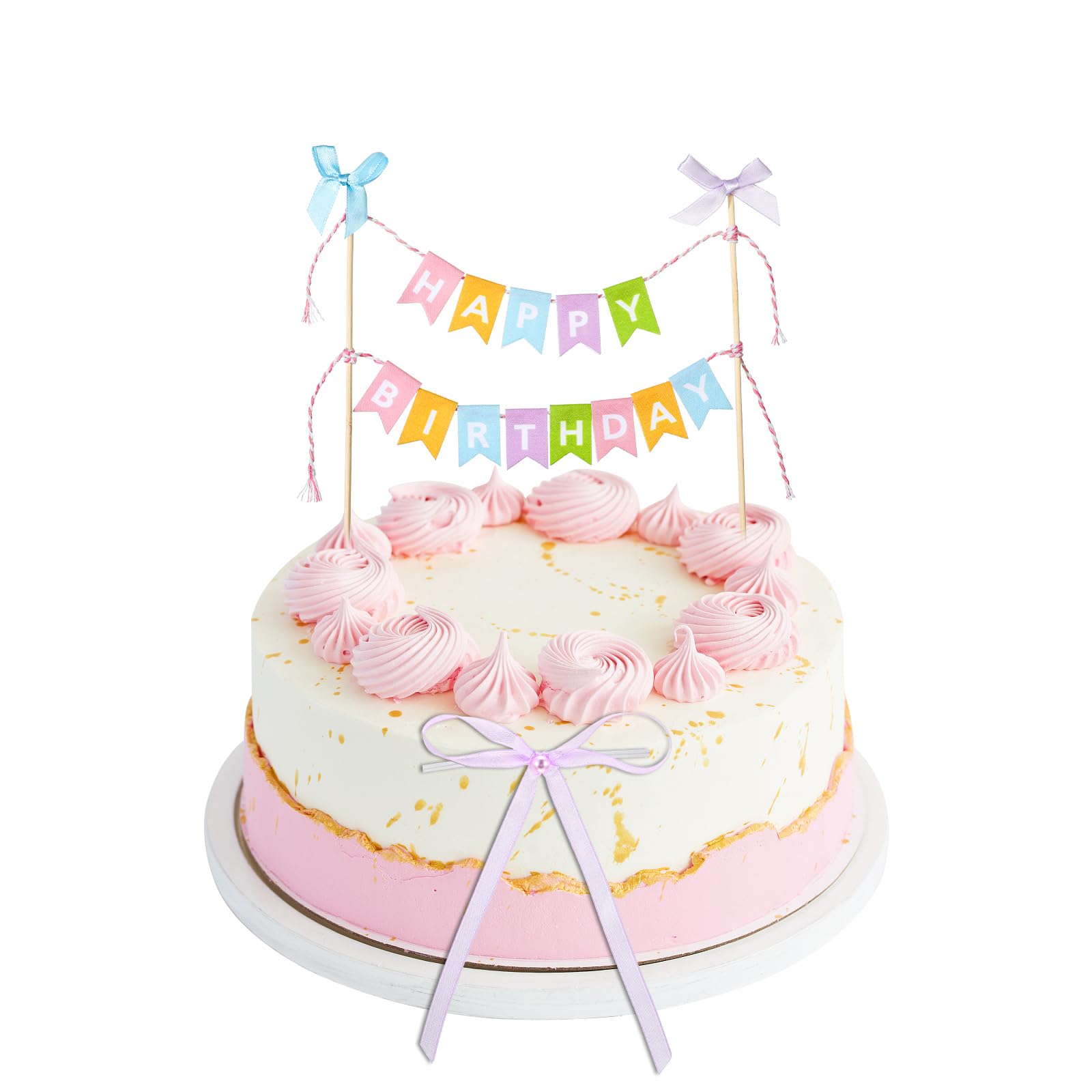 Photo 1 of 11 Pcs Happy Birthday Cake Topper Banner Bow Ribbon Cake Topper Happy Birthday Cakes Bunting Toppers with Wood Pole Handmade Pennant Flags with Bow Ribbon for Donut Cakes Cupcakes