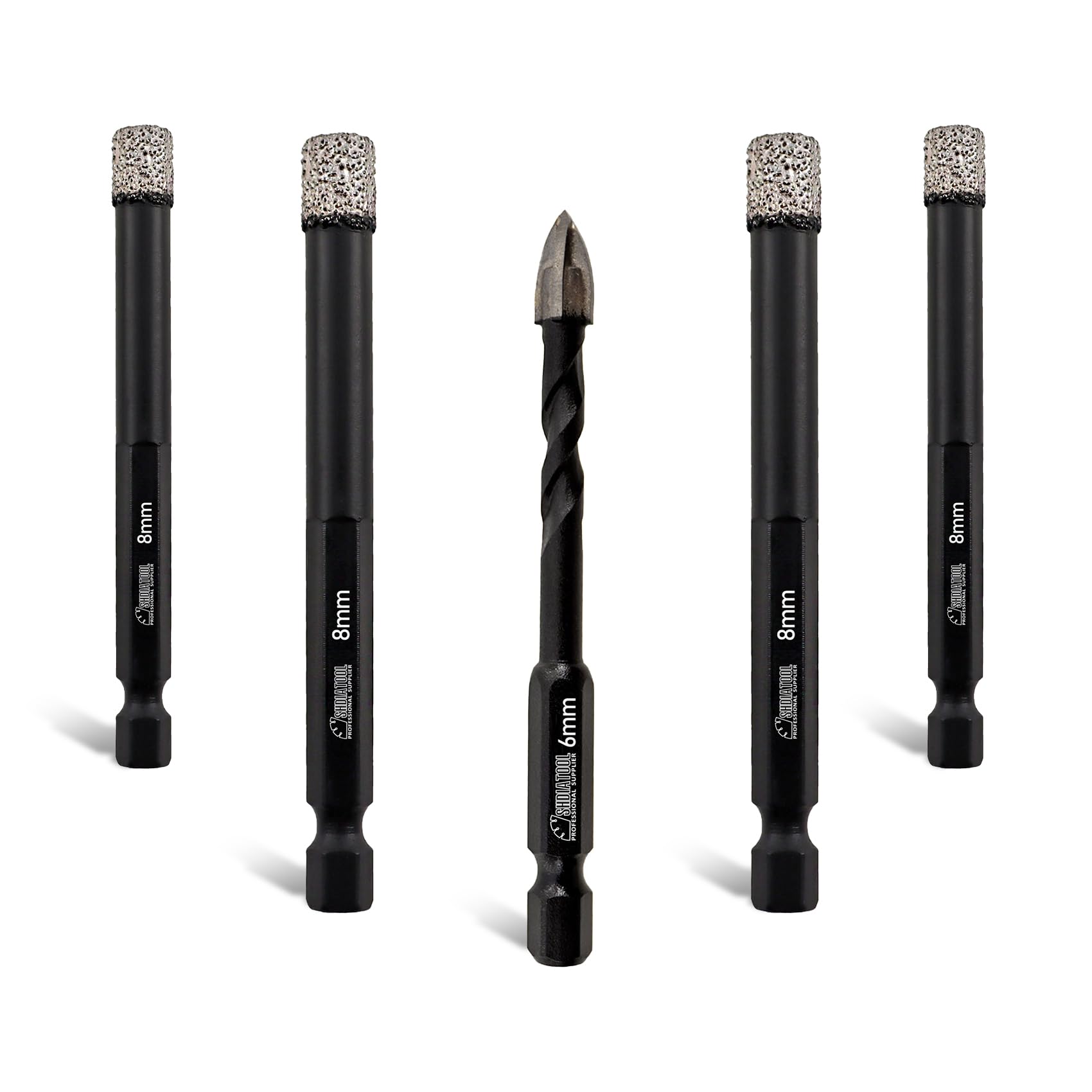 SHDIATOOL Porcelain Tile Diamond Drill Bits, 4pcs 8mm Quick Change Shank Diamond Core Drill Bit with 1pc 6mm Carbide Triangular Drill Bit for Tile Ceramic Marble Granite Stone — image 1