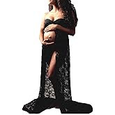 VSNOW Maternity Off Shoulder Lace Photography Dress Front Split Maxi Chiffon Gown for Photoshoot
