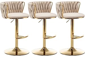 Riknuxi Velvet Bar Stools Set of 3, Counter Height Bar Chairs with Low Back, Gold Swivel Bar Stools for Kitchen Island, Pub (Beige)