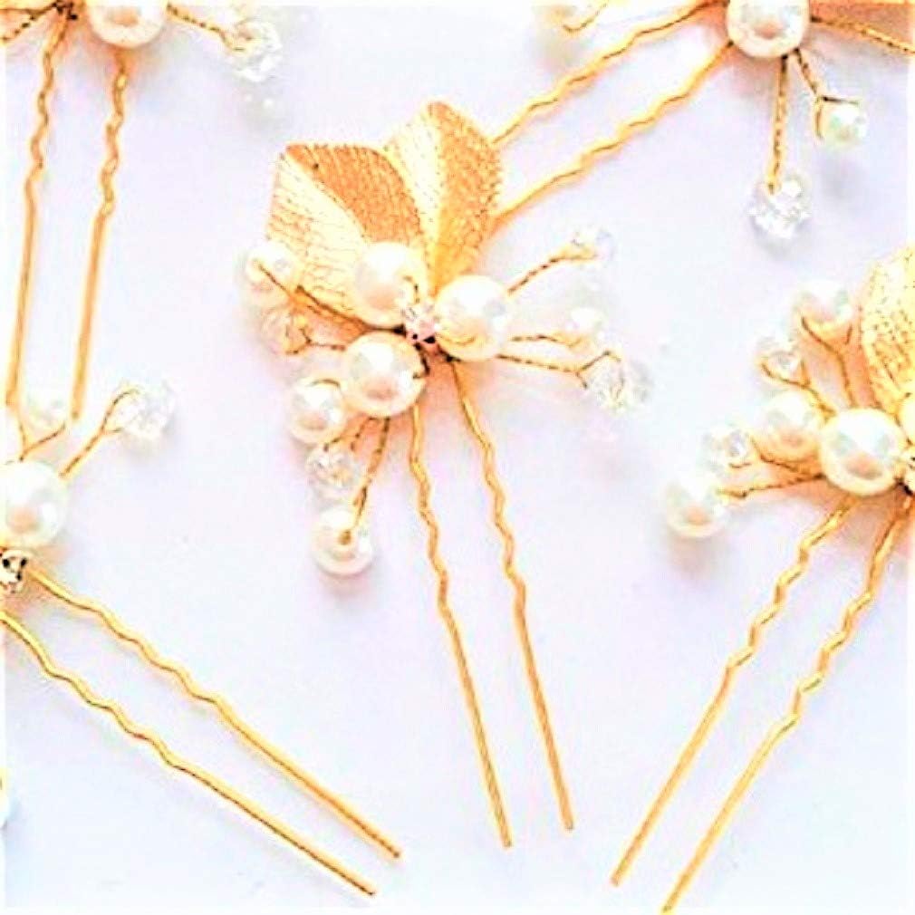 Set of 2 Gold Plated Leaf Hair Sticks with Simulated Pearls and Crystals for Wedding/Quinceaneras/Special Events