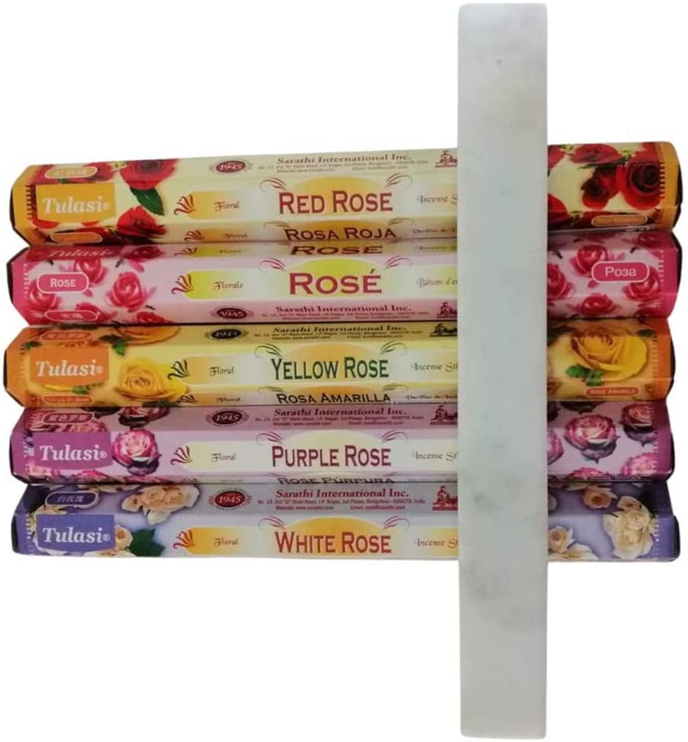 Rock and Baby Assorted Natural Aromatherapy Rose Incense Mix – 5 Packs of 20 Units + Marble White Incense Holder 26 x 3.5 cm