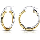 Hoops & Loops 925 Sterling Silver Intertwined Round Hoop Earrings for Women, Two-Tone Layered Trendy Double Square-Tube Hypoallergenic Click-Top Hoops, 20mm, 25mm, 35mm Silver, 14k Yellow Gold, Rose Gold, Black Flash Plated
