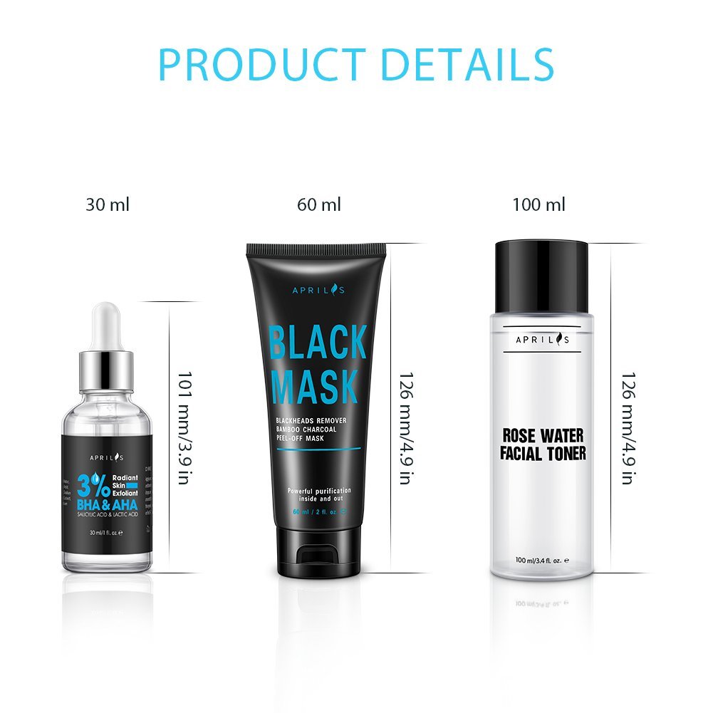 Aprilis Blackhead Remover Set, Scientific 3-Step Solution, Skin Exfoliant, Black Mask and Firming Facial Toner for Removing Blemishes & Blackheads, Radiant Skin Treatment