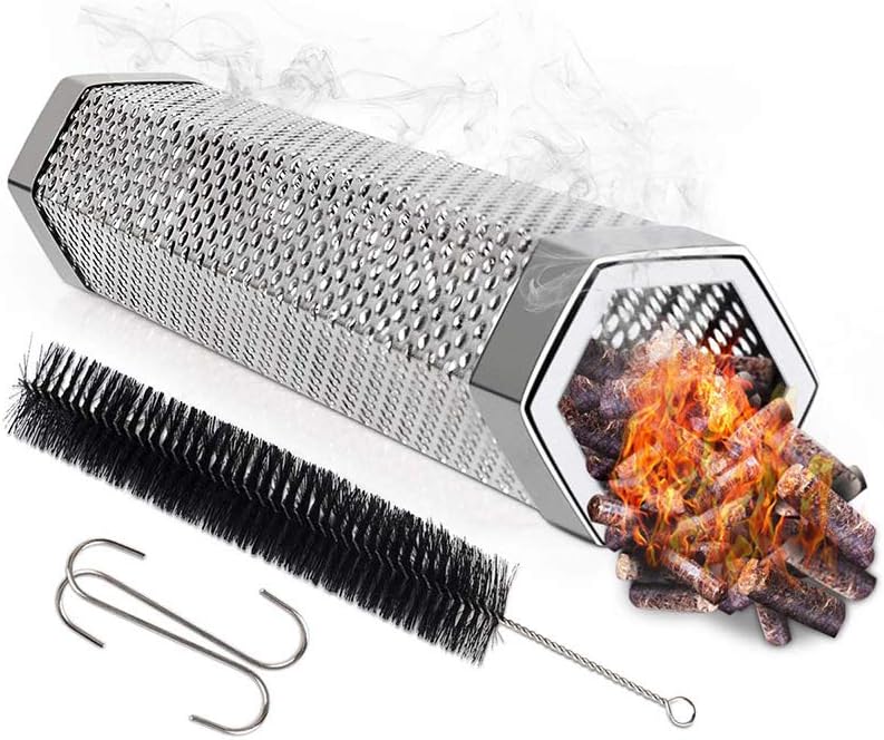 Smoker 12" Stainless Steel Tube BBQ Smoker Tube, Potable Hot or Cold Smoking for Smoking Beef, Chicken and Fish, 5 Hours of Billowing Smoke, Free Tube Brush and hook