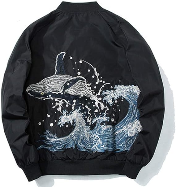 Amazon Habille ハビー メンズ 鯨 くじら 刺繍 波 横須賀 スカジャン風 ナイロンジャケット リブブルゾン 大きいサイズ おまけ付 3カラー コート ジャケット 通販