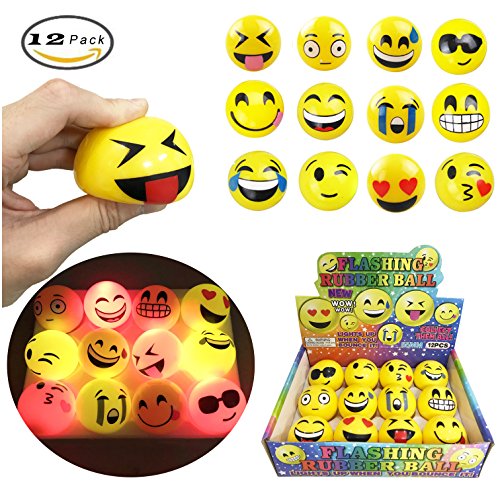 Set of 12 LED Flashing Emoji Face Squeeze Bouncy Balls (2 inches) - Stress Relief Rubber Toys for Kids and Adults, Party Favor