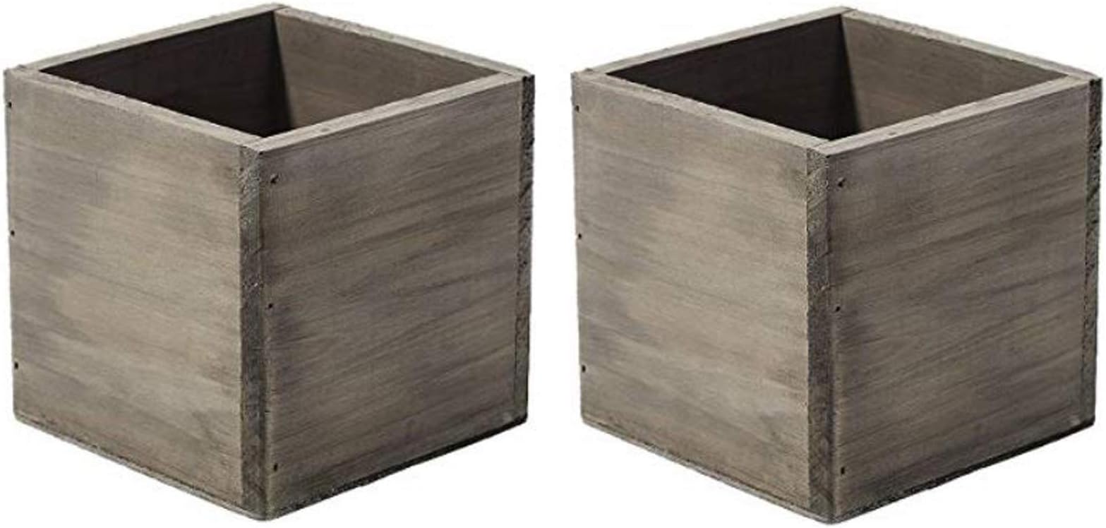4" Square Rustic Wood Planters with Plastic Liner - Set of 2