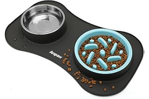 Anipaw Slow Feeder Dog Bowls 3 in 1 Stainless Steel Dog Food and Water Bowls with Non-Spill Non-Skid Silicone Mat to Slow Down Eating for Large Medium Small Breed Size Dogs and Cats (Grey Blue)
