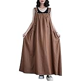 Denim Jumper Dress for Women Maxi Loose Adjustable Straps Long Jean Dresses Plus Size Overall Dress with Pockets