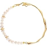 Myrvynte 14k Gold Pearl Bracelets for Women with Natural Freshwater Pearls, Dainty Fashionable Gold Bangle Bracelets, Hypoallergenic Gold Jewelry Accessories for Women，Valentine's Day gift