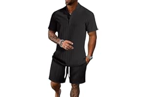 BEALIN Men's Summer Beach Outfits 2 Piece Vintage Short Sleeve Henley Shirts and Shorts Vacation Texture Sets for Men