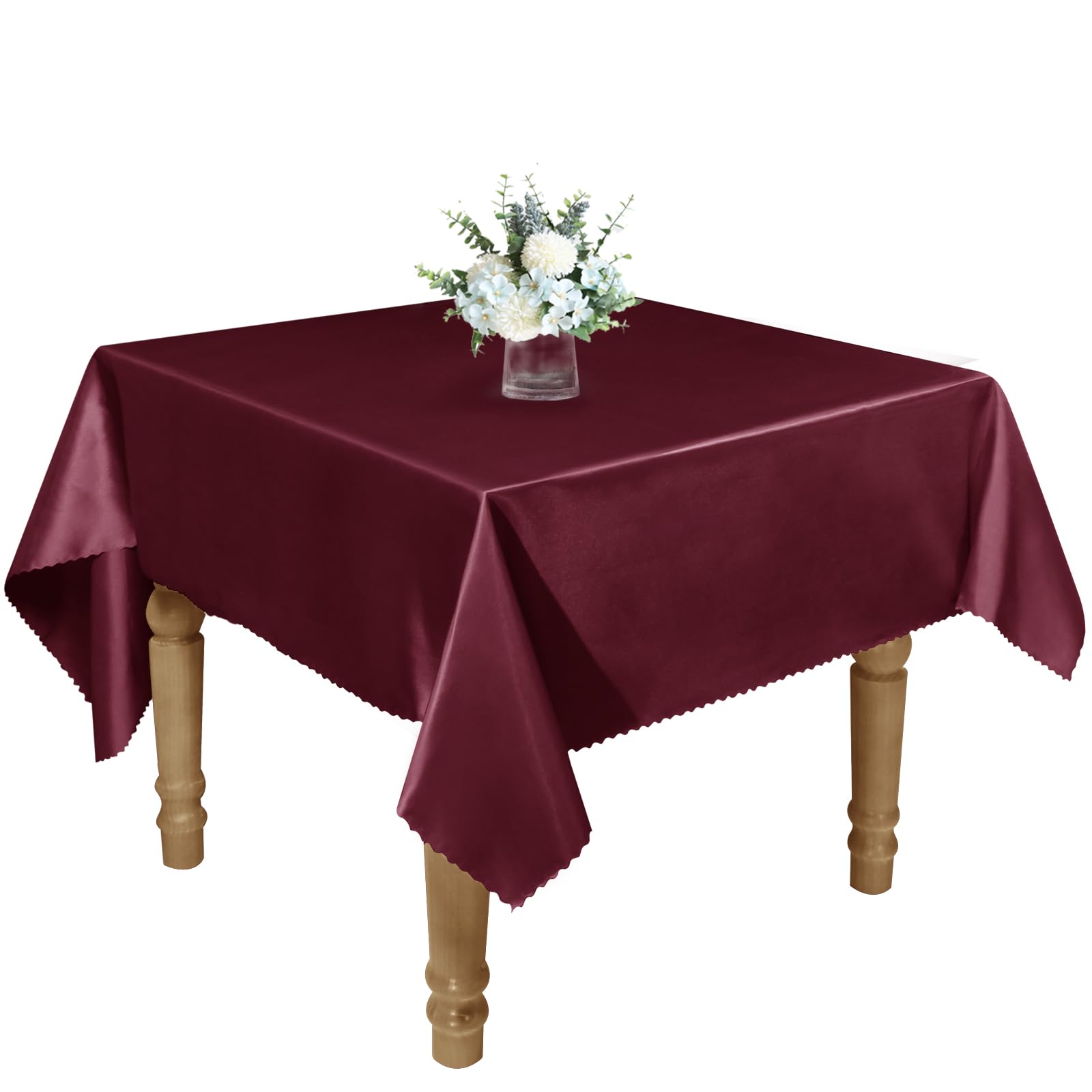 Photo 1 of RUDONG M 1 Pack 60 x 60 Inch Square Tablecloth, Burgundy Satin Tablecloth, Silky Satin Square Table Cloth, Bright Smooth Satin Table Cover for Wedding, Banquet, Party Dinning Decoration
