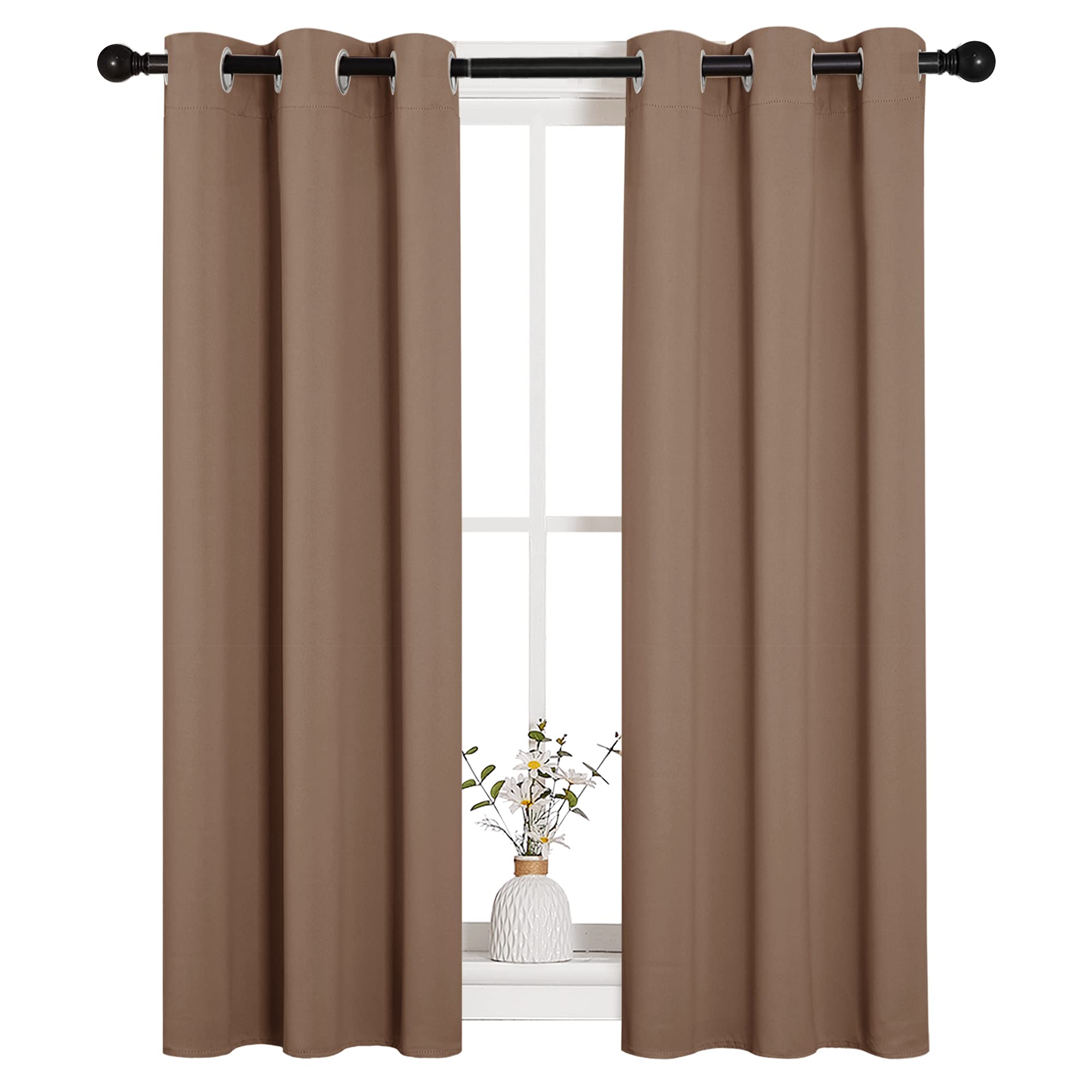 Photo 1 of NICETOWN Blackout Window Curtains and Drapes for Kitchen, Window Treatment Thermal Insulated Solid Grommet Blackout Drapery Panels (Set of 2 Panels, 29 by 45 Inch, Cappuccino)