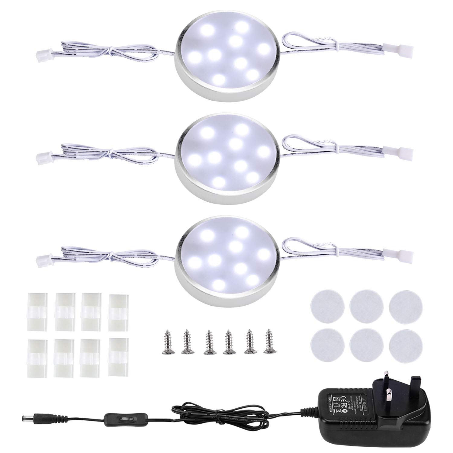 LABOREDUCER Under Cabinet Kitchen Lights Wired 3 Pack,6000K Cold White Under Cupboard Light with Switch & UK Adapter,12V Puck Lights LED Night Light for Kitchen,Wardrobe and Cupboard