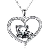 YONFQE Panda Necklace S925 Sterling Silver Heart Panda Pendant Cute Animal Jewelry Gifts for Men Women