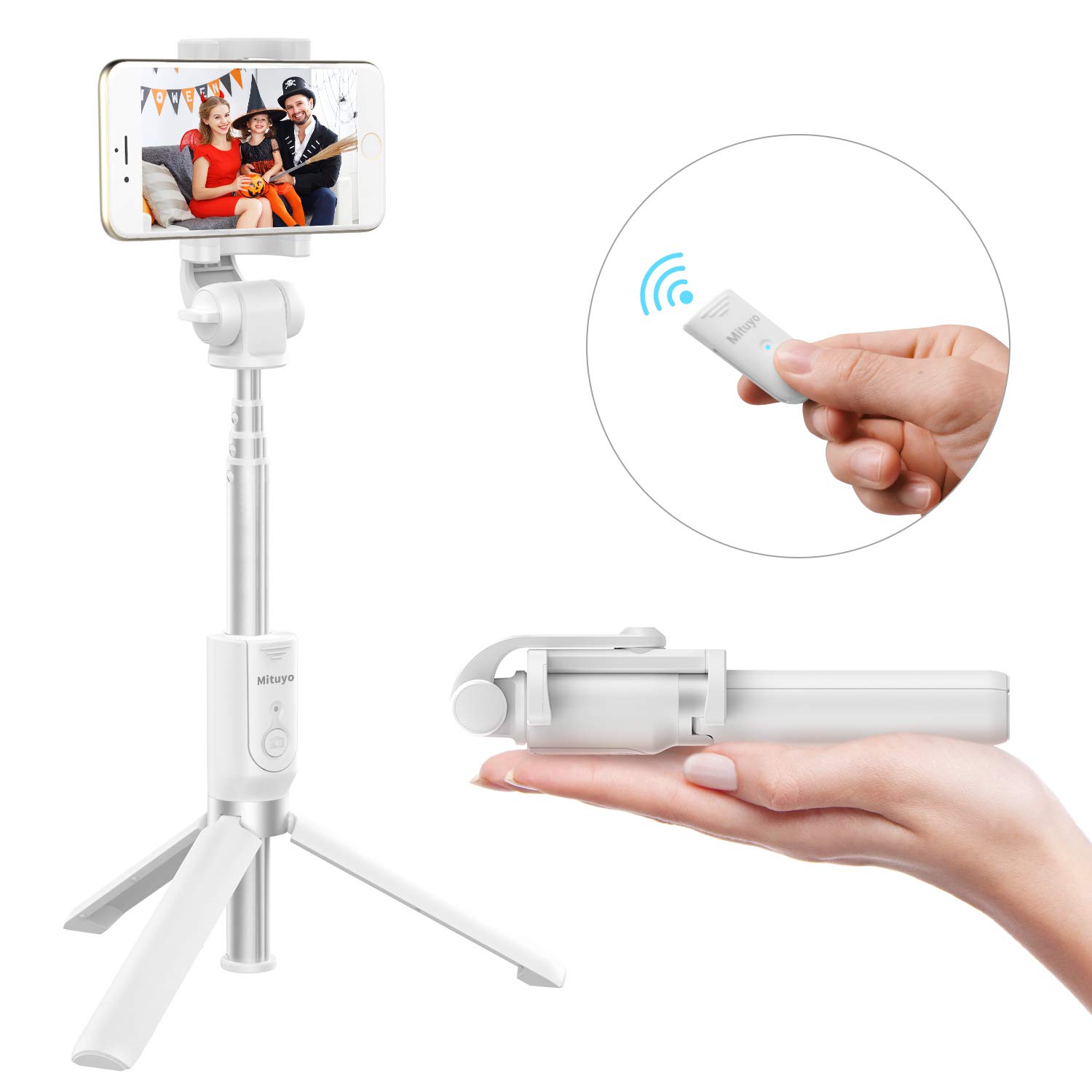 Bluetooth Selfie Stick Tripod Monopod with Wireless Remote Shutter Compatible with iPhone, Samsung, Huawei, Other Smartphones (White, Standard)