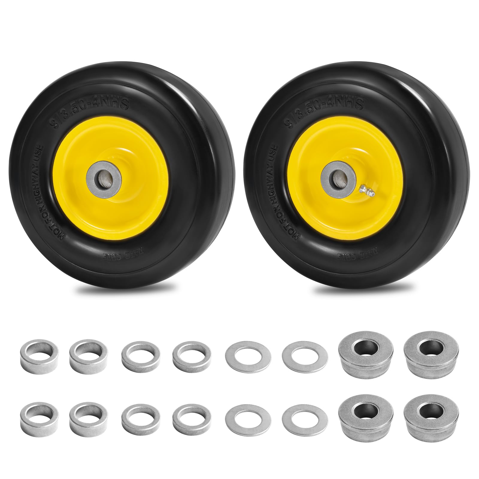 Photo 1 of Parts Camp 9x3.50-4" Flat Free Tire and Wheel Lawnmower Tire,front zero turn mower/garden tractors/wheelbarrows/garden carts Tires With 3/4" & 5/8" Bushing,3.5"-4" Centered Hub(Set of 2)