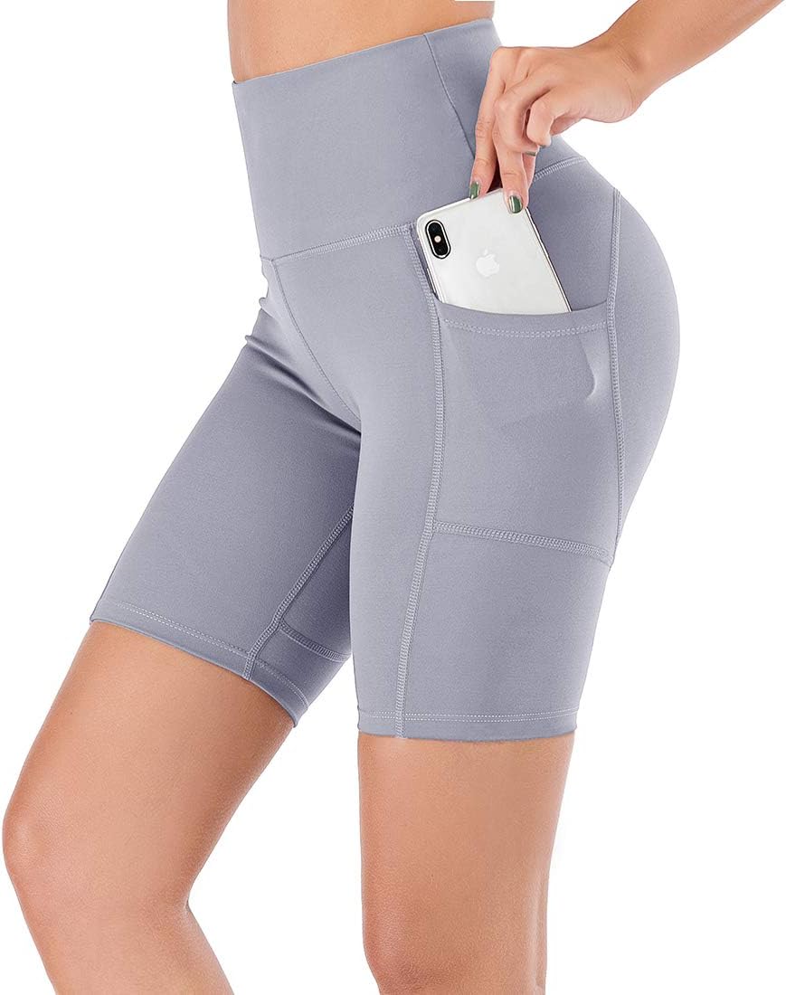 Lianshp High Waist Yoga Shorts for Women Tummy Control Athletic Workout Running Shorts with 3 Pockets 8"