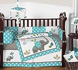 Sweet Jojo Designs 9-Piece Turquoise Blue Gray and White Mod Elephant Crib Bed Bedding Set with Bumper for a Newborn Baby Girl or Boy