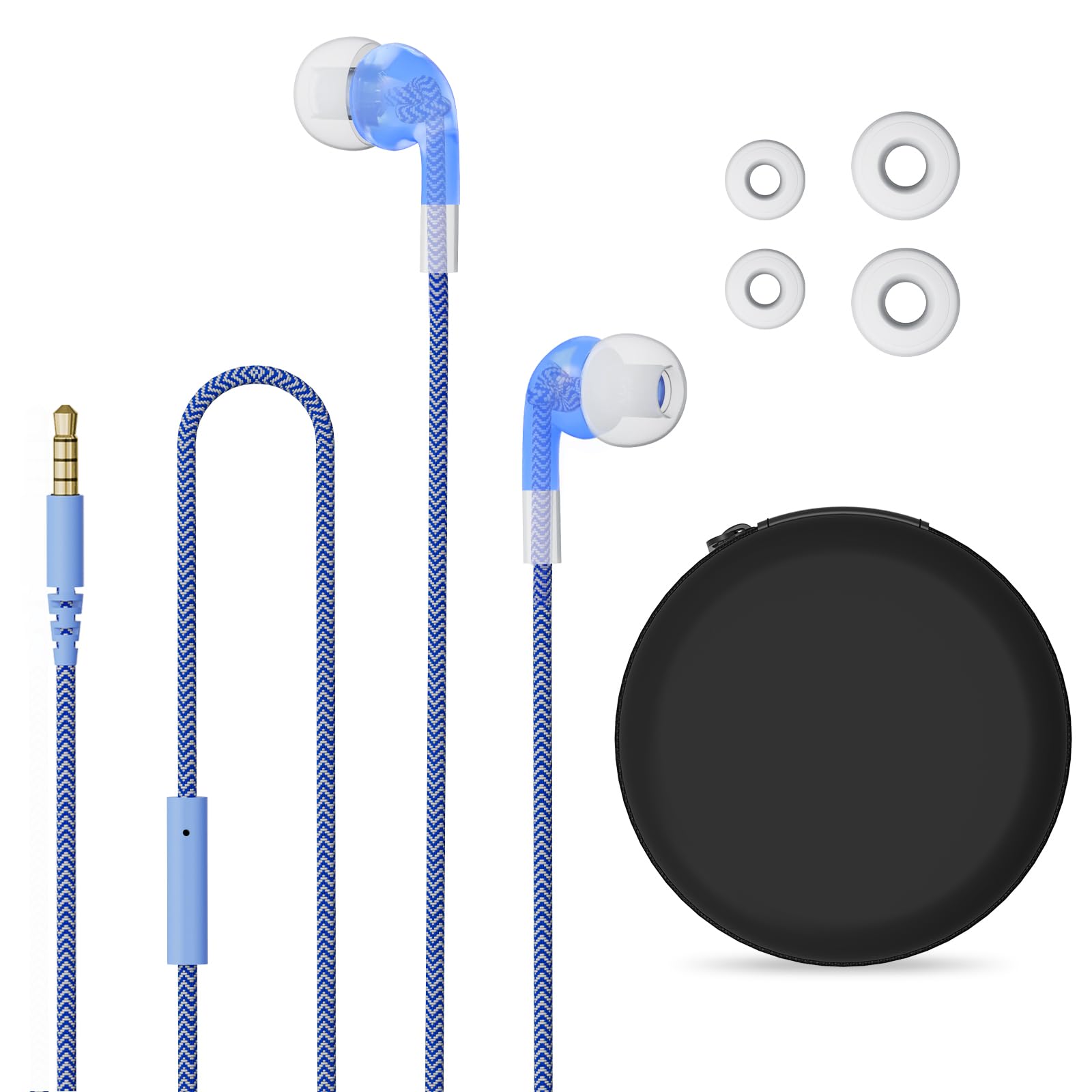GEEKRIA Kids Wired Earbuds with Mic & Volume Control for School and Online Class, Children's 3.5mm Jack In-Ear Earphone with 85dB Volume Limit for Small Ears, Storage Case Included (Blue)