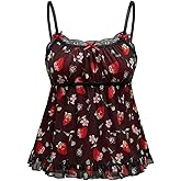 WDIRARA Women's Plus Size Strawberry Print Cami Top Mesh Camisole Lace Peplum Tops