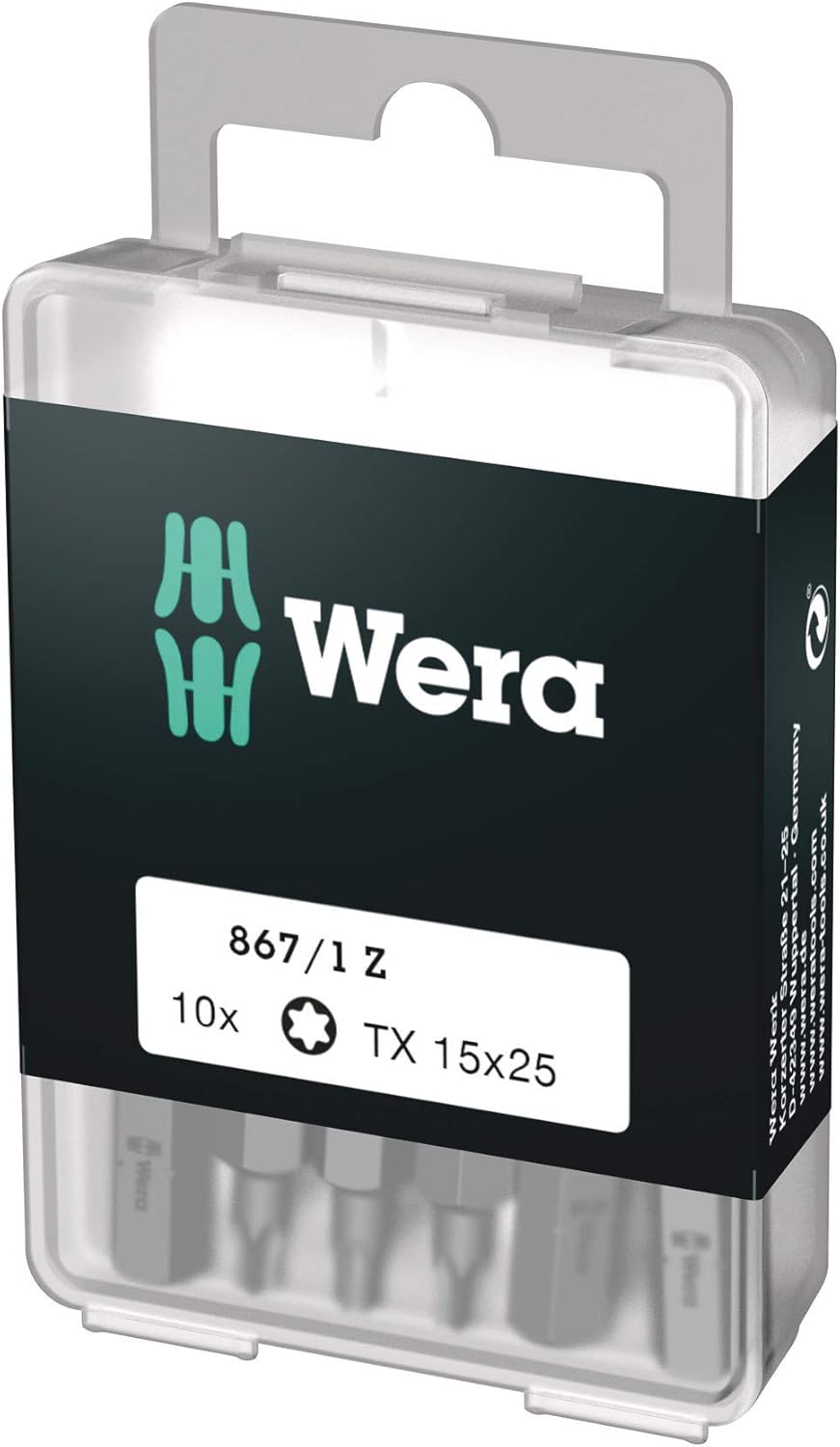 Wera 05072407001 Torx Extra-Tough Bits 867/1 Z TX15 x 25 mm, Pack of 10, Silver, Variety pack