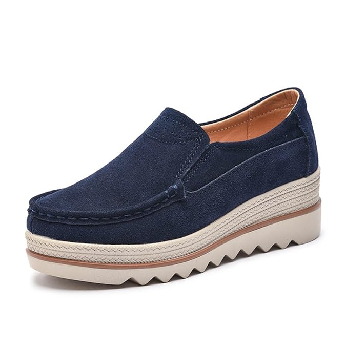 NEOKER Damen Mokassins Plateau Wildleder Schlupf Loafers Halbschuhe Sneaker mit Keilabsatz 5cm Schwarz Blau Khaki 35-42
