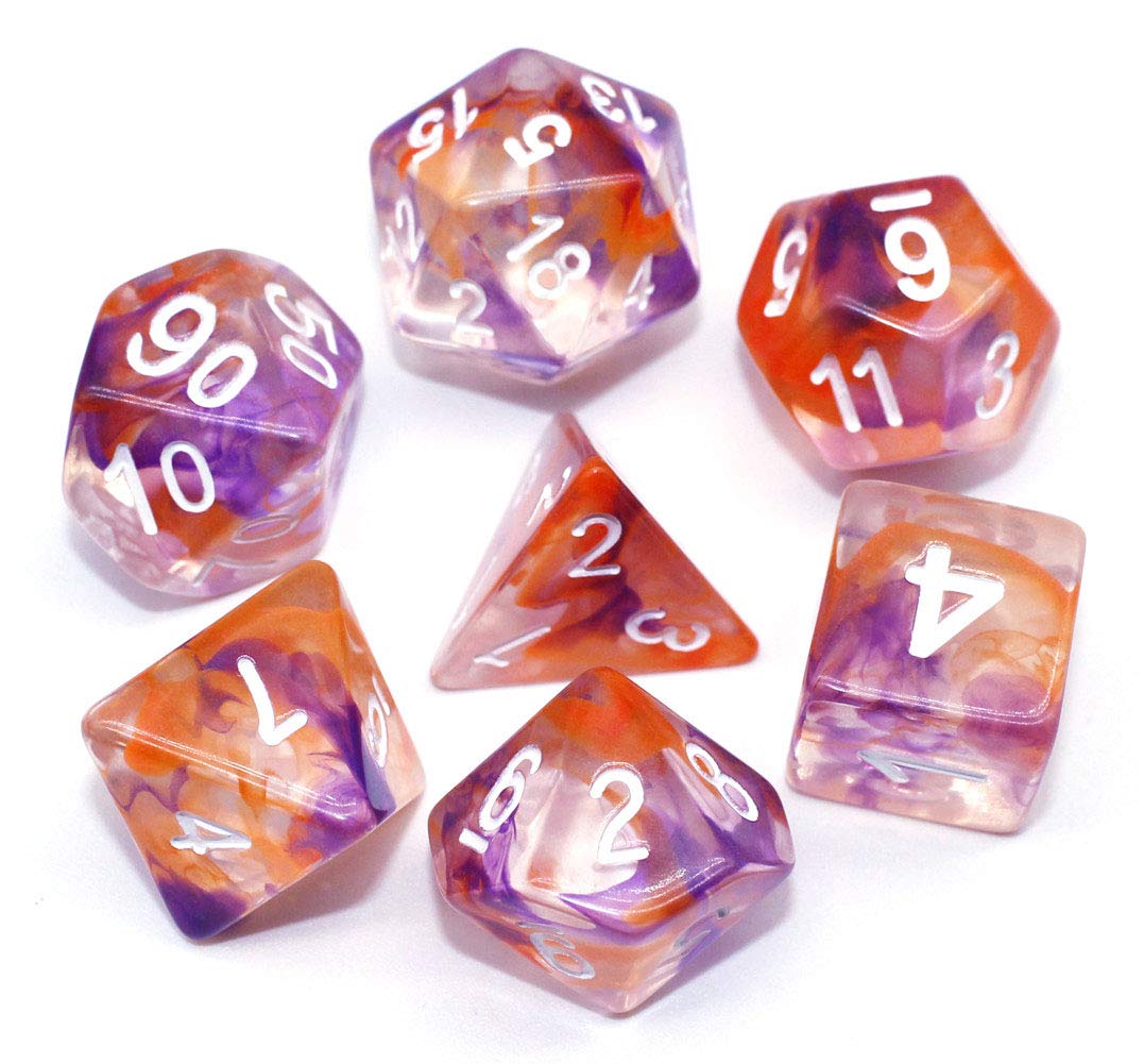 HD Polyhedral Dice Sets DND Game Dice for Dungeons Dragons(D&D) Role Playing Game(RPG) MTG Pathfinder Table Game Board Games Dice Flowing Series Double Color Transparent Dice (Purple-Orange)