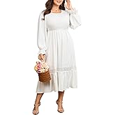Plus Size Maxi Dress for Women Wedding Guest Fall Smocked Long Sleeve Round Neck Empire Waist Flowy Ruffle Dress 1XL~4XL