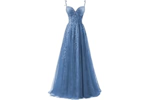 YUAOHUANG Lace Applique Tulle Prom Dresses for Women 2025 Spaghetti Straps Ball Gown Formal Evening Party Gown with Slit