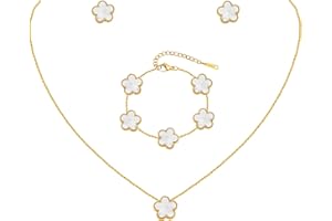 MPRAINBOW Gold Necklaces Bracelets Earring Set - 18K Gold Plated Flower Bracelet Chain,Stainless Steel Non Tarnish Floral Pendant Stud Jewelry Sets,Christmas Birthday Lucky Gift for Mom Wife Daughter Girlfriend