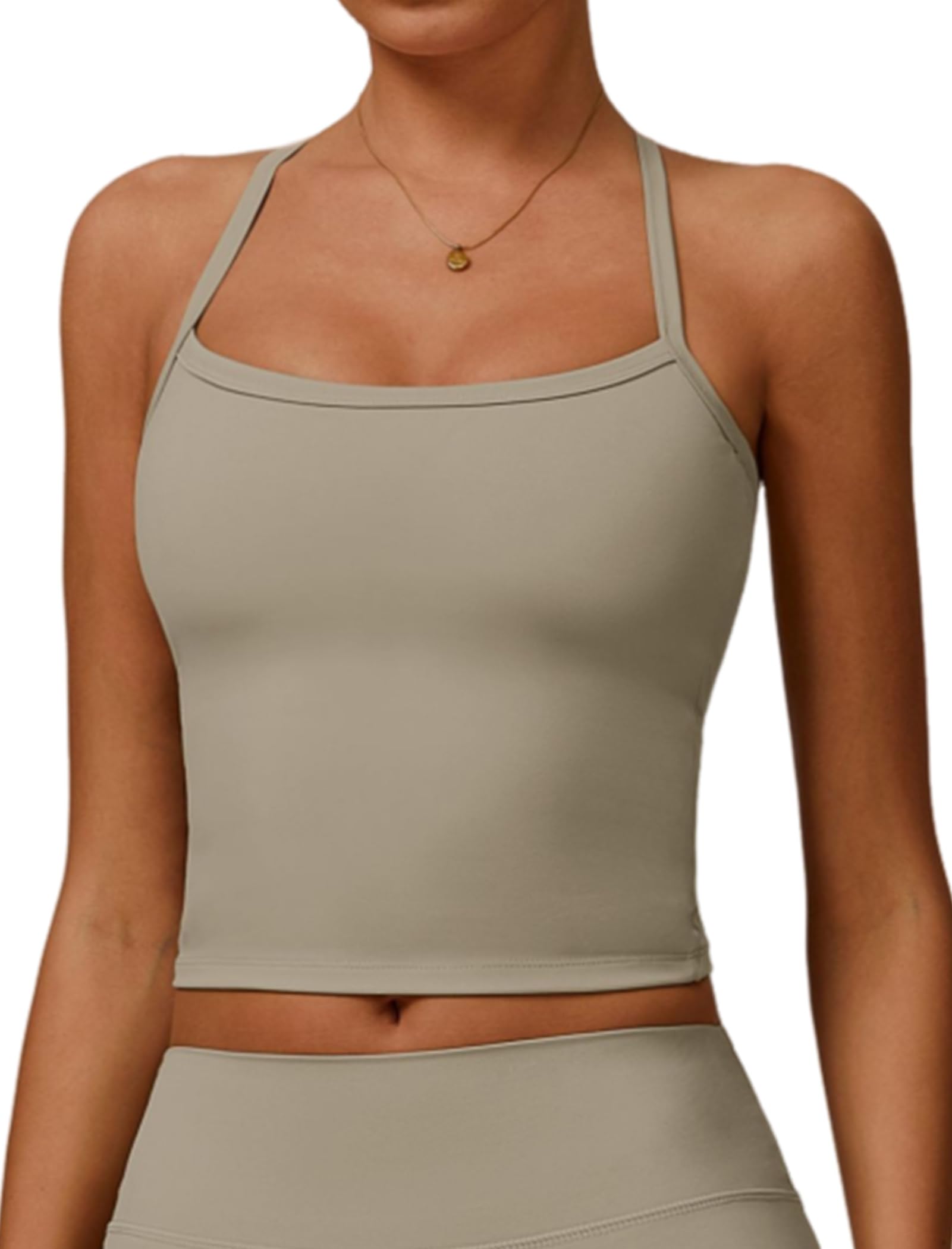 Photo 1 of ***BROWN*** Womens Scoop Neck Longline Sports Bras Fixed Cross Back Women Workout Crop Tank Tops with Built in Bra Active Wear Athletic Work Out Gym Yoga Padded Bra Tank Top Light Brown M