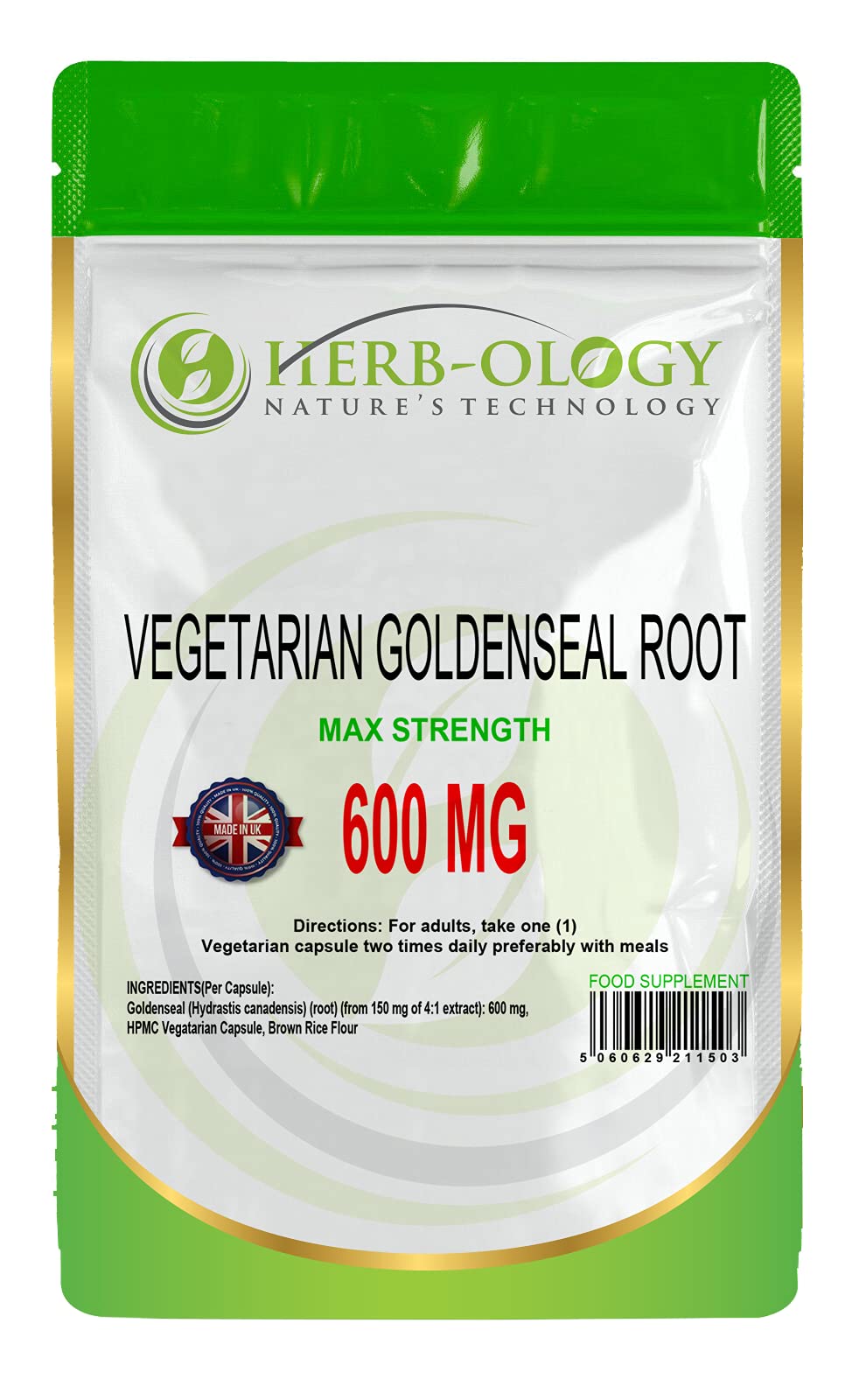 HB Goldenseal | 60 Goldenseal Root Capsules - 600mg 4:1 Extract High Strength Golden Seal Root per Serving | Non-GMO, Gluten & Allergen Free | Manufactured in the UK
