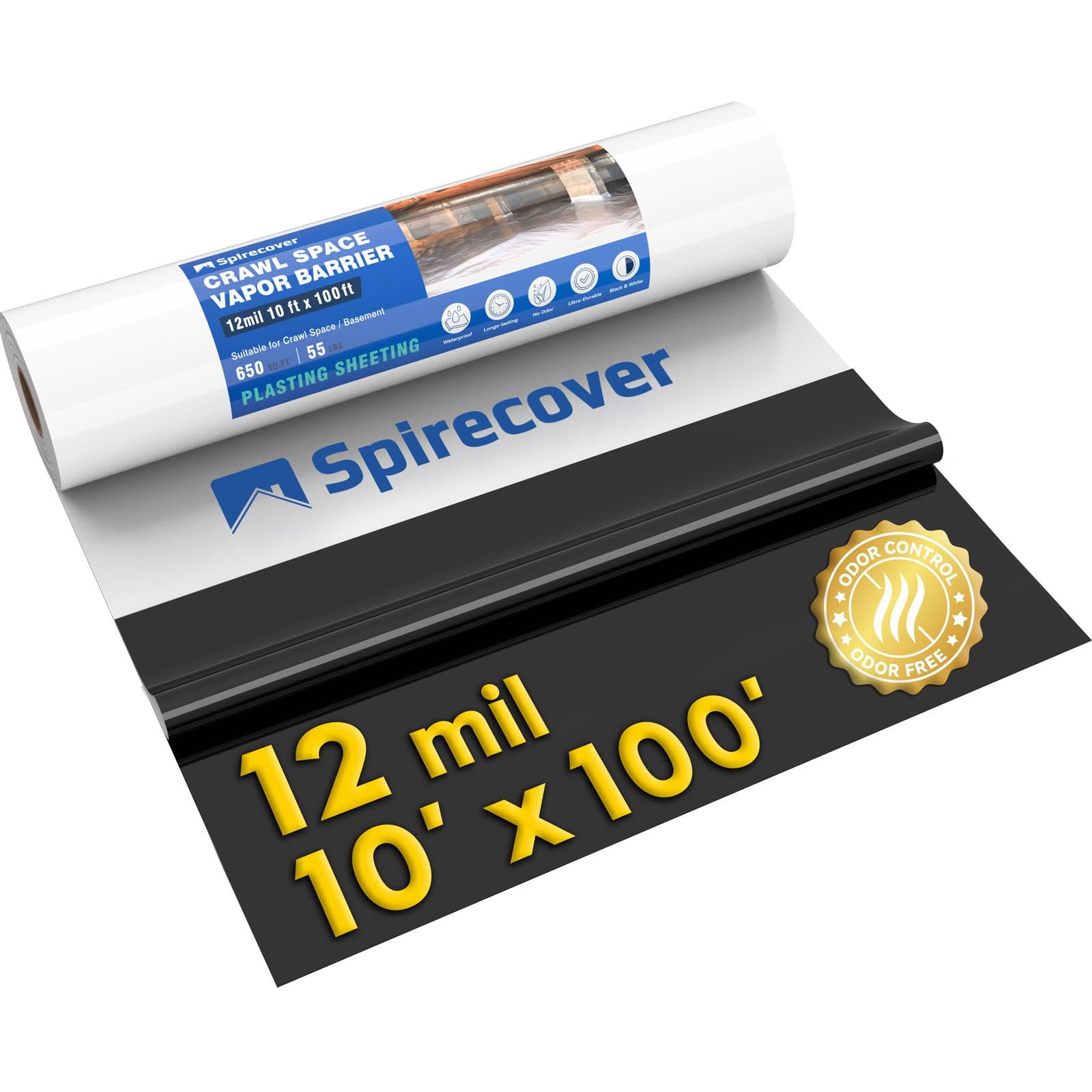 Photo 1 of Spirecover Crawl Space Vapor Barrier, 12 Mil Vapor Barrier, 10'x100', Plastic Drop Cloth Covering for Crawlspace Encapsulation, Thick Plastic Sheeting, Black and White Panda Film