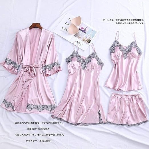 Amazon 特大の女性4ピースローブセット着物ガウンサテンナイトドレスパジャマレースパッチワークナイトガウンホームウェア親密なランジェリー ピンク 4 ピースショーツ L シューズボックス オンライン通販